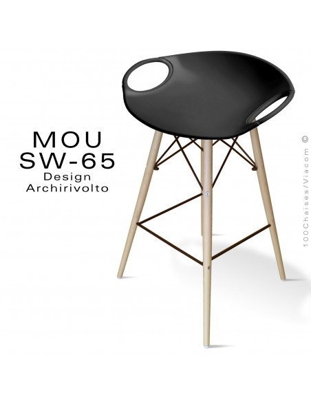 Tabouret de bar MOU-SW65 assise coque plastique noir, piétement bois hêtre blanchi.