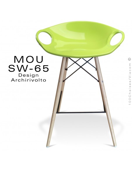 Tabouret de bar MOU-SW65 assise coque plastique vert pistache, piétement bois hêtre blanchi.
