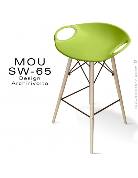 Tabouret de bar MOU-SW65 assise coque plastique vert pistache, piétement bois hêtre blanchi.