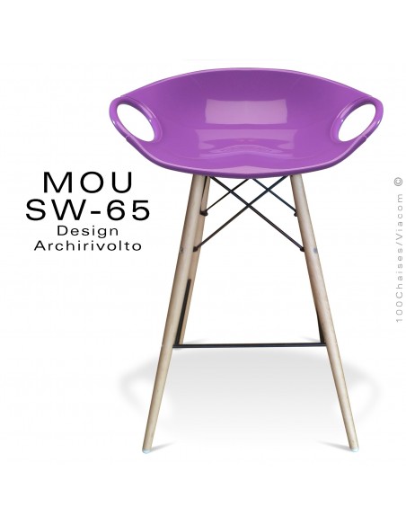 Tabouret de bar MOU-SW65 assise coque plastique violet, piétement bois hêtre blanchi.