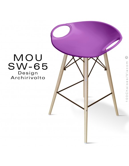 Tabouret de bar MOU-SW65 assise coque plastique violet, piétement bois hêtre blanchi.