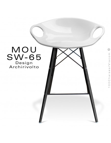 Tabouret de bar MOU-SW65 assise coque plastique blanche, piétement bois hêtre Wengé.