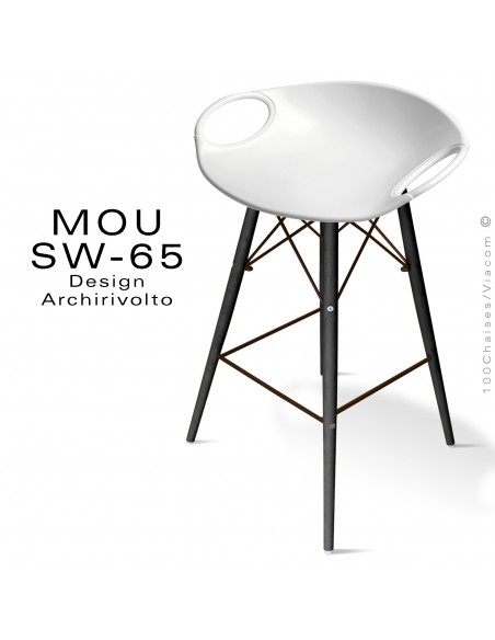 Tabouret de bar MOU-SW65 assise coque plastique blanche, piétement bois hêtre Wengé.