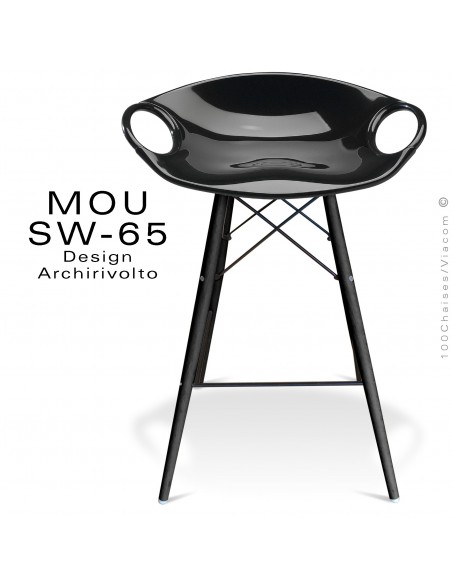 Tabouret de bar MOU-SW65 assise coque plastique noir, piétement bois hêtre Wengé.