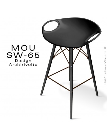 Tabouret de bar MOU-SW65 assise coque plastique noir, piétement bois hêtre Wengé.