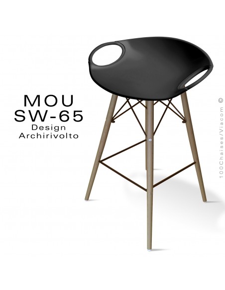 Tabouret de bar MOU-SW65 assise coque plastique noir, piétement bois hêtre vieilli.