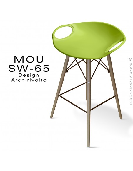Tabouret de bar MOU-SW65 assise coque plastique vert pistache, piétement bois hêtre vieilli.