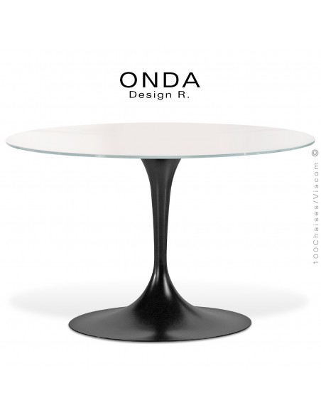 Table design ronde ONDA, piétement peint noir, plateau 120 cm., verre teinté blanc.