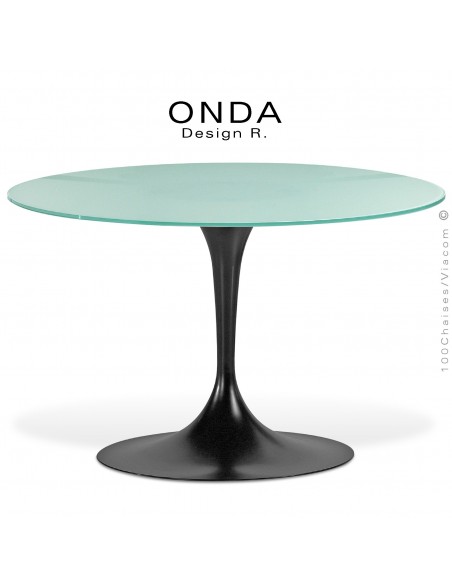 Table design ronde ONDA, piétement peint noir, plateau 120 cm., verre sablé ou dépoli.