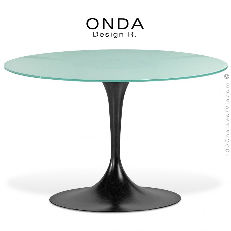 Table design ronde ONDA, piétement peint noir, plateau 120 cm., verre sablé ou dépoli.