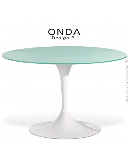 Table design ronde ONDA, piétement peint blanc, plateau 120 cm., verre sablé ou dépoli.