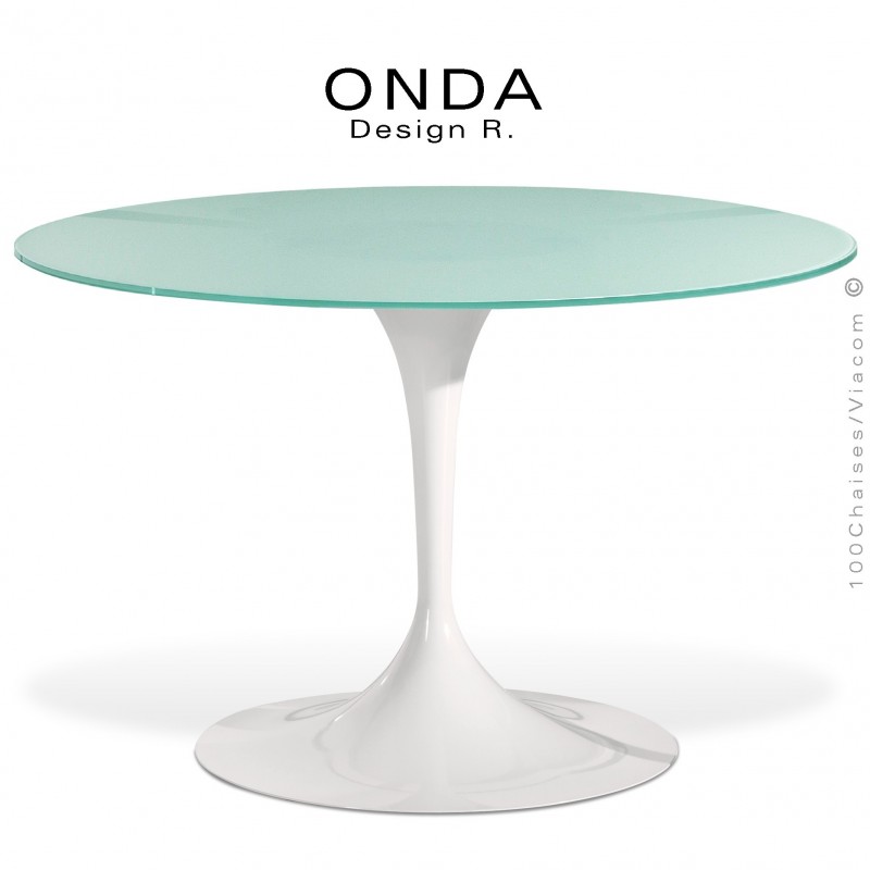 Table design ronde ONDA, piétement peint blanc, plateau 120 cm., verre sablé ou dépoli.