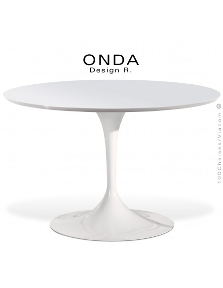 Table ronde ONDA, piétement acier peint blanc, plateau stratifié blanc brillant, chant blanc.