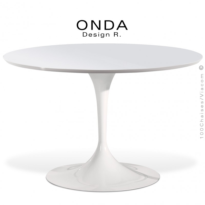 Table ronde ONDA, piétement acier peint blanc, plateau stratifié blanc brillant, chant blanc.