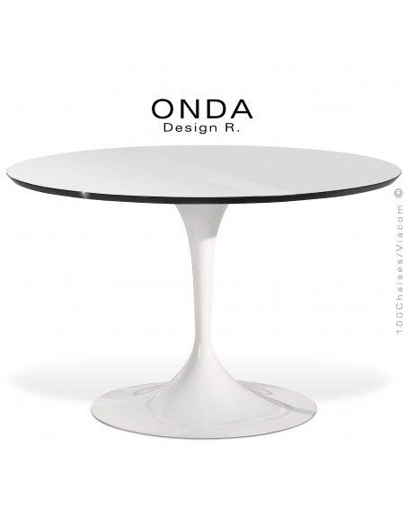 Table ronde ONDA, piétement acier peint blanc, plateau stratifié blanc texturé, chant noir.