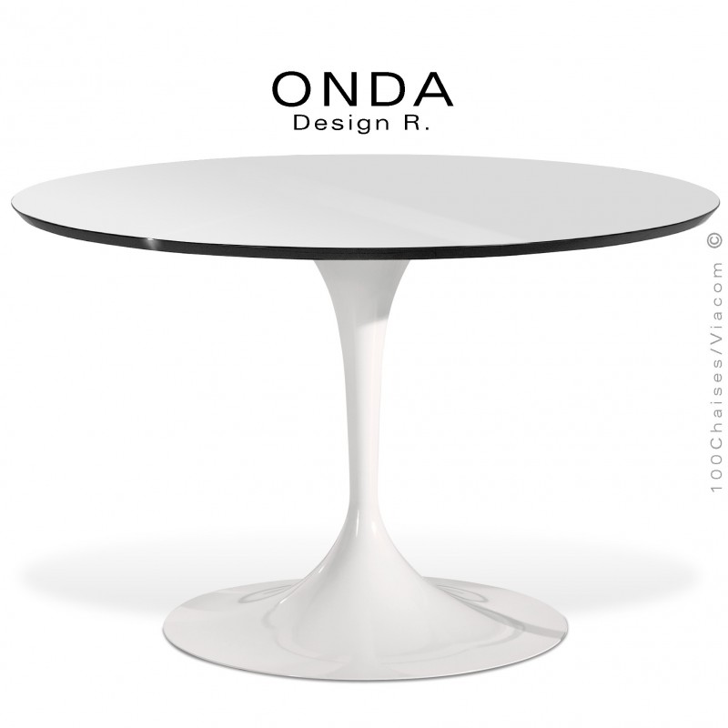 Table ronde ONDA, piétement acier peint blanc, plateau stratifié blanc texturé, chant noir.