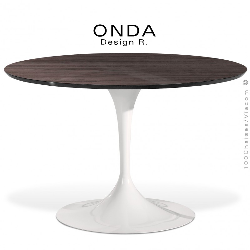 Table ronde ONDA, piétement acier peint blanc, plateau stratifié noyer veiné, chant noir.