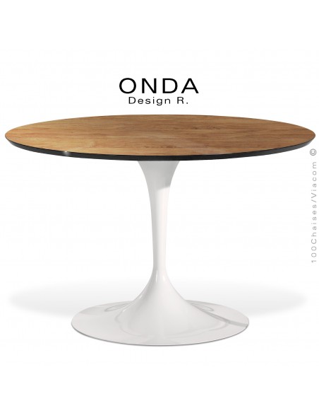 Table ronde ONDA, piétement acier peint blanc, plateau stratifié Orme de Nancy, chant noir.