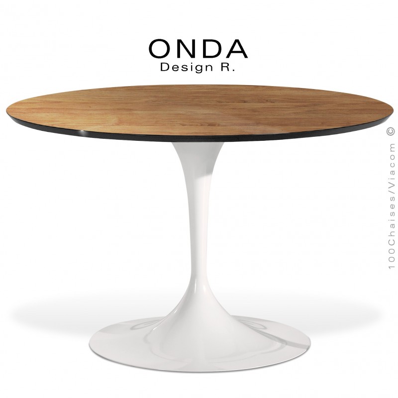 Table ronde ONDA, piétement acier peint blanc, plateau stratifié Orme de Nancy, chant noir.