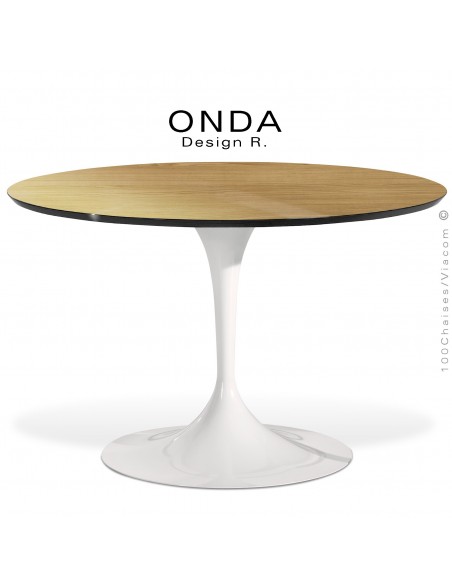Table ronde ONDA, piétement acier peint blanc, plateau stratifié Orme clair, chant noir.
