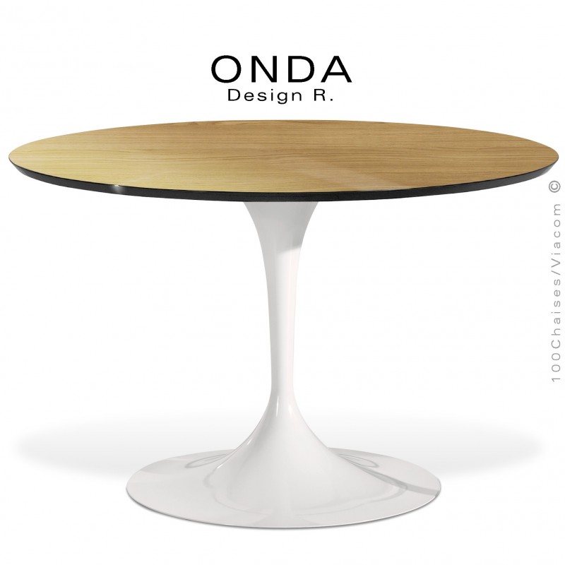 Table ronde ONDA, piétement acier peint blanc, plateau stratifié Orme clair, chant noir.