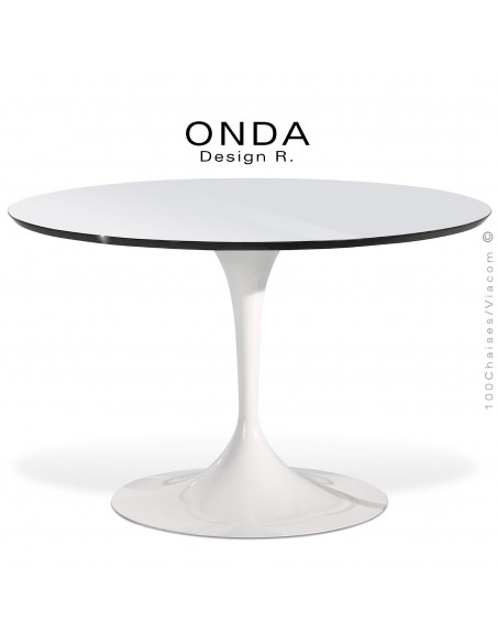 Table ronde ONDA, piétement acier peint blanc, plateau stratifié blanc brillant, chant noir.