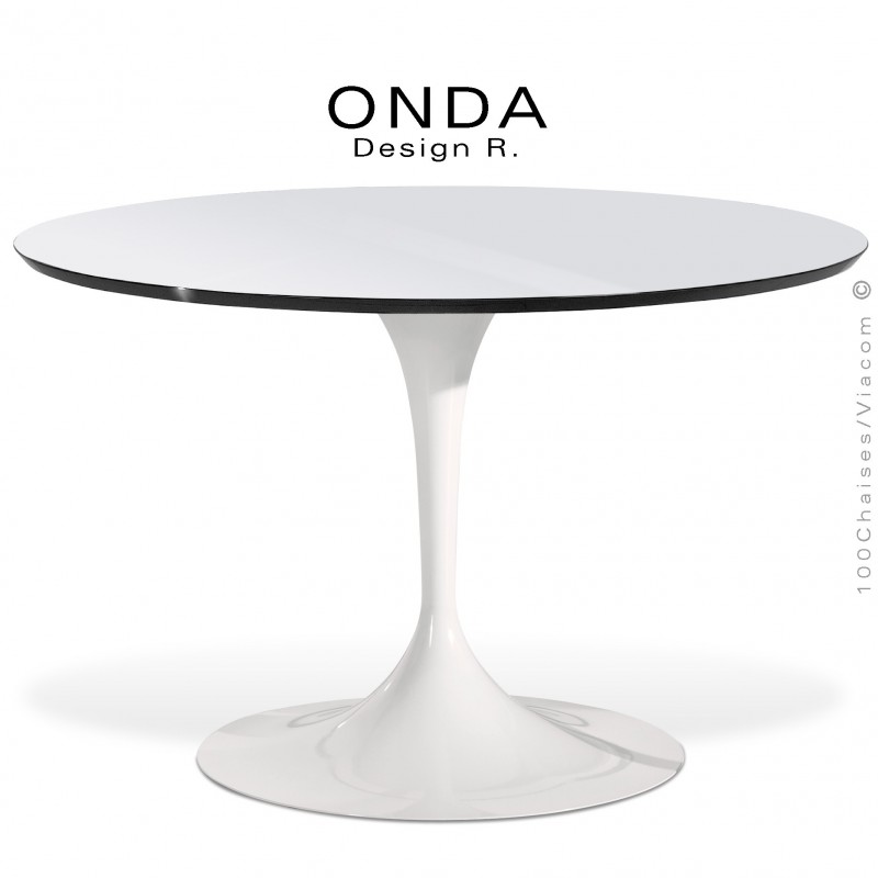 Table ronde ONDA, piétement acier peint blanc, plateau stratifié blanc brillant, chant noir.