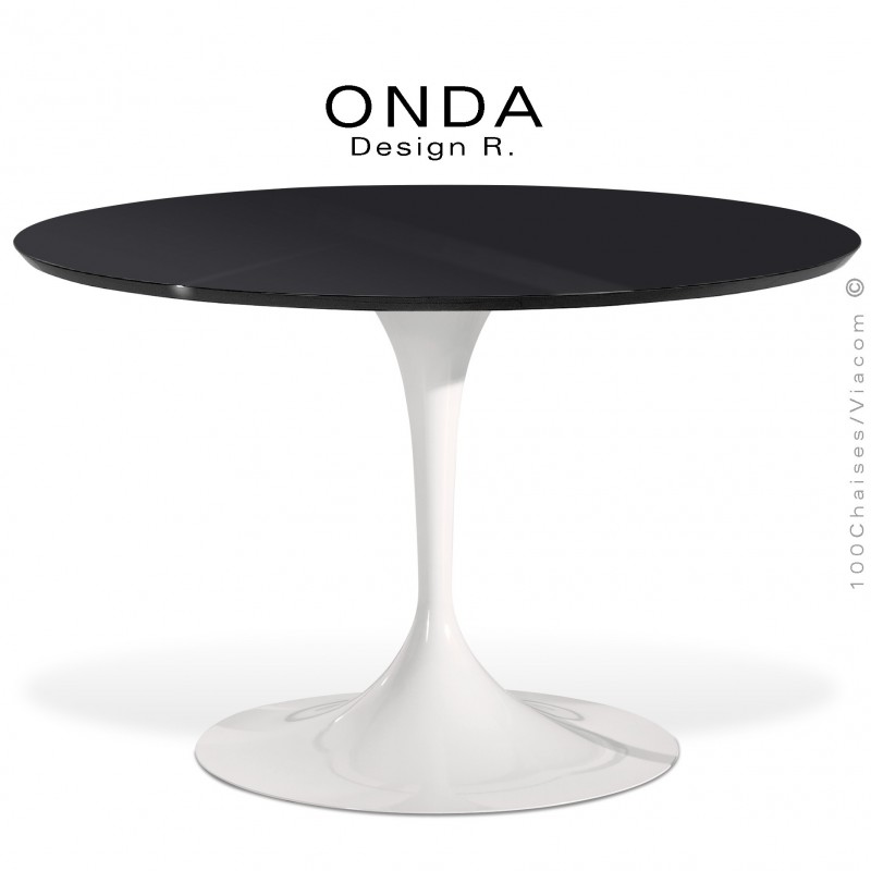 Table ronde ONDA, piétement acier peint blanc, plateau stratifié noir texturé, chant noir.