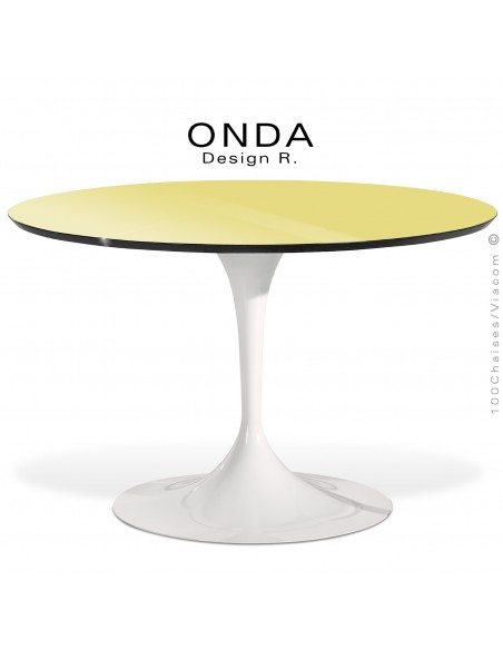 Table ronde ONDA, piétement acier peint blanc, plateau stratifié jaune pâle, chant noir.