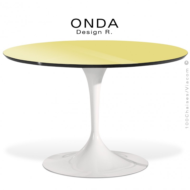 Table ronde ONDA, piétement acier peint blanc, plateau stratifié jaune pâle, chant noir.