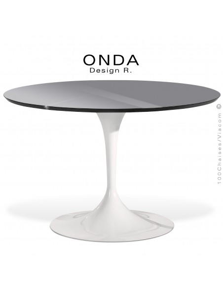 Table ronde ONDA, piétement acier peint blanc, plateau stratifié gris foncé, chant noir.