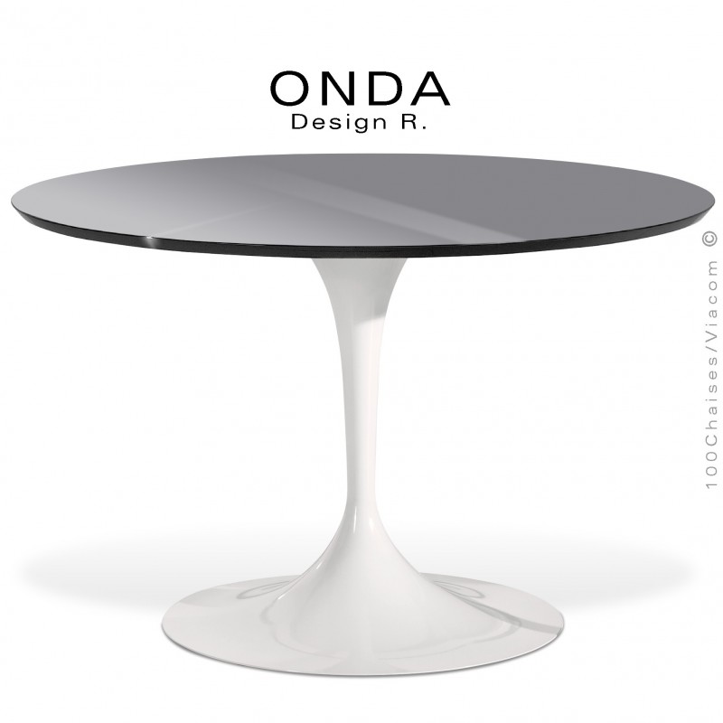 Table ronde ONDA, piétement acier peint blanc, plateau stratifié gris foncé, chant noir.