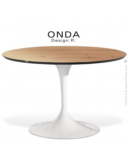 Table ronde ONDA, piétement acier peint blanc, plateau stratifié chêne Vendôme , chant noir.