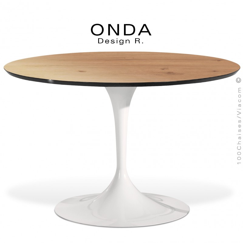 Table ronde ONDA, piétement acier peint blanc, plateau stratifié chêne Vendôme , chant noir.
