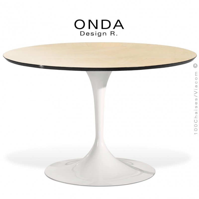 Table ronde ONDA, piétement acier peint blanc, plateau stratifié pommier de Deauville , chant noir.