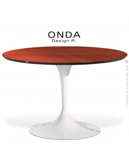 Table ronde ONDA, piétement acier peint blanc, plateau stratifié Merisier ambré, chant noir.