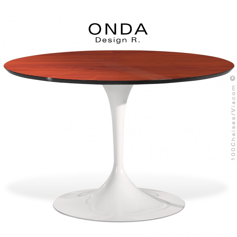 Table ronde ONDA, piétement acier peint blanc, plateau stratifié Merisier ambré, chant noir.