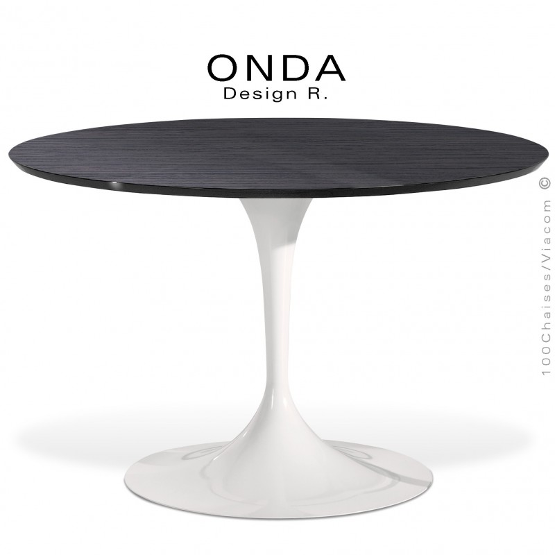 Table ronde ONDA, piétement acier peint blanc, plateau stratifié noir veiné profond, chant noir.