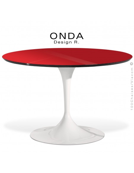 Table ronde ONDA, piétement acier peint blanc, plateau stratifié rouge foncé, chant noir.