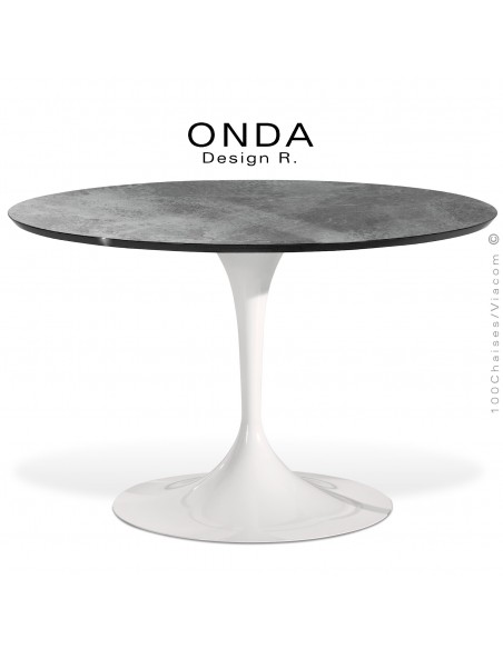 Table ronde ONDA, piétement acier peint blanc, plateau stratifié béton-pierre, chant noir.
