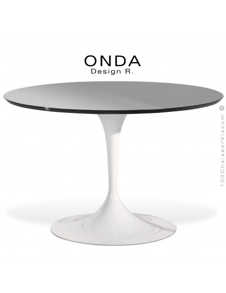 Table ronde ONDA, piétement acier peint blanc, plateau stratifié argent, chant noir.