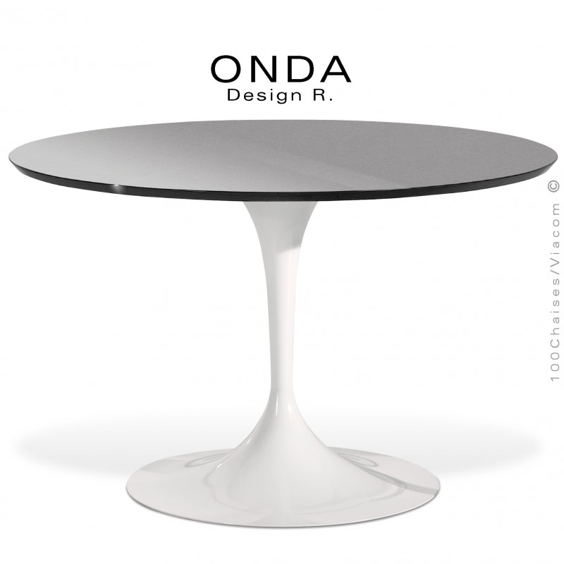 Table ronde ONDA, piétement acier peint blanc, plateau stratifié argent, chant noir.