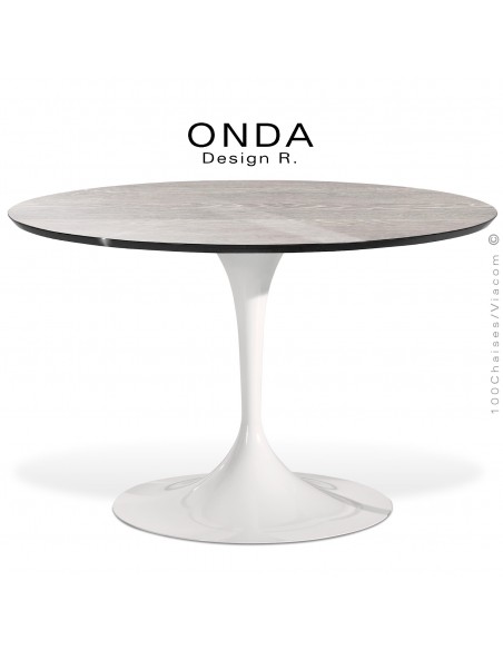 Table ronde ONDA, piétement acier peint blanc, plateau stratifié Wengé blanc cérusé, chant noir.