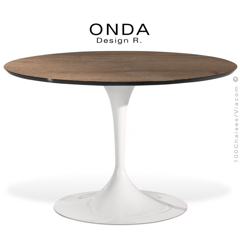 Table ronde ONDA, piétement acier peint blanc, plateau stratifié Chêne foncé, chant noir.