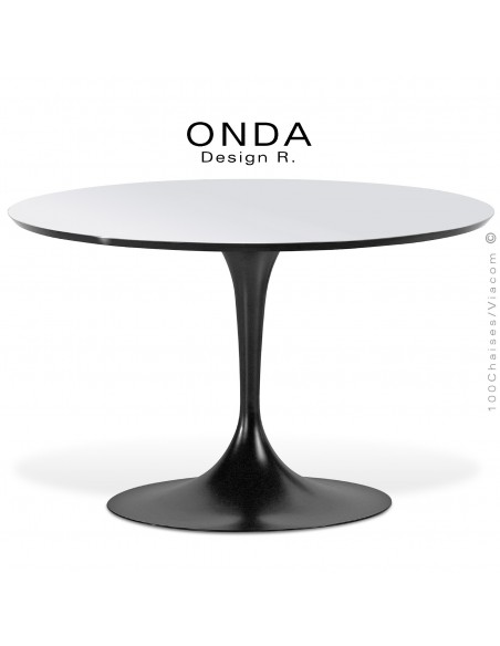 Table ronde ONDA, piétement acier peint noir, plateau stratifié blanc brillant, chant noir.
