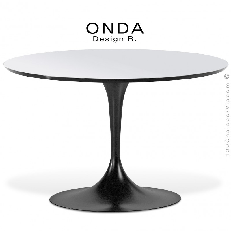 Table ronde ONDA, piétement acier peint noir, plateau stratifié blanc brillant, chant noir.