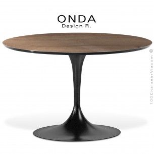 Table ronde ONDA, piétement acier peint noir, plateau stratifié Chêne foncé, chant noir.