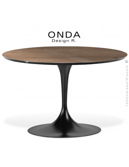 Table ronde ONDA, piétement acier peint noir, plateau stratifié Chêne foncé, chant noir.