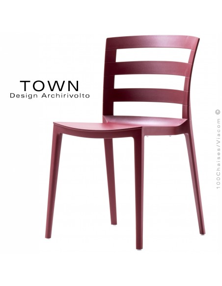 Chaise design TOWN, pour extérieur terrasse et jardin, structure plastique couleur Bordeaux - Lot de 4 pièces.