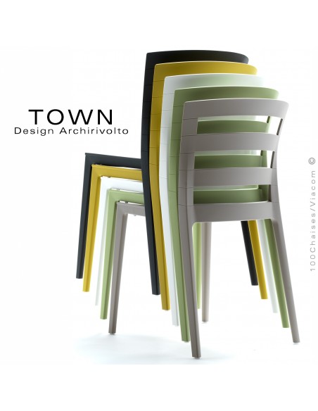 Chaise design TOWN, empilable, pour extérieur terrasse et jardin, structure plastique couleur.
